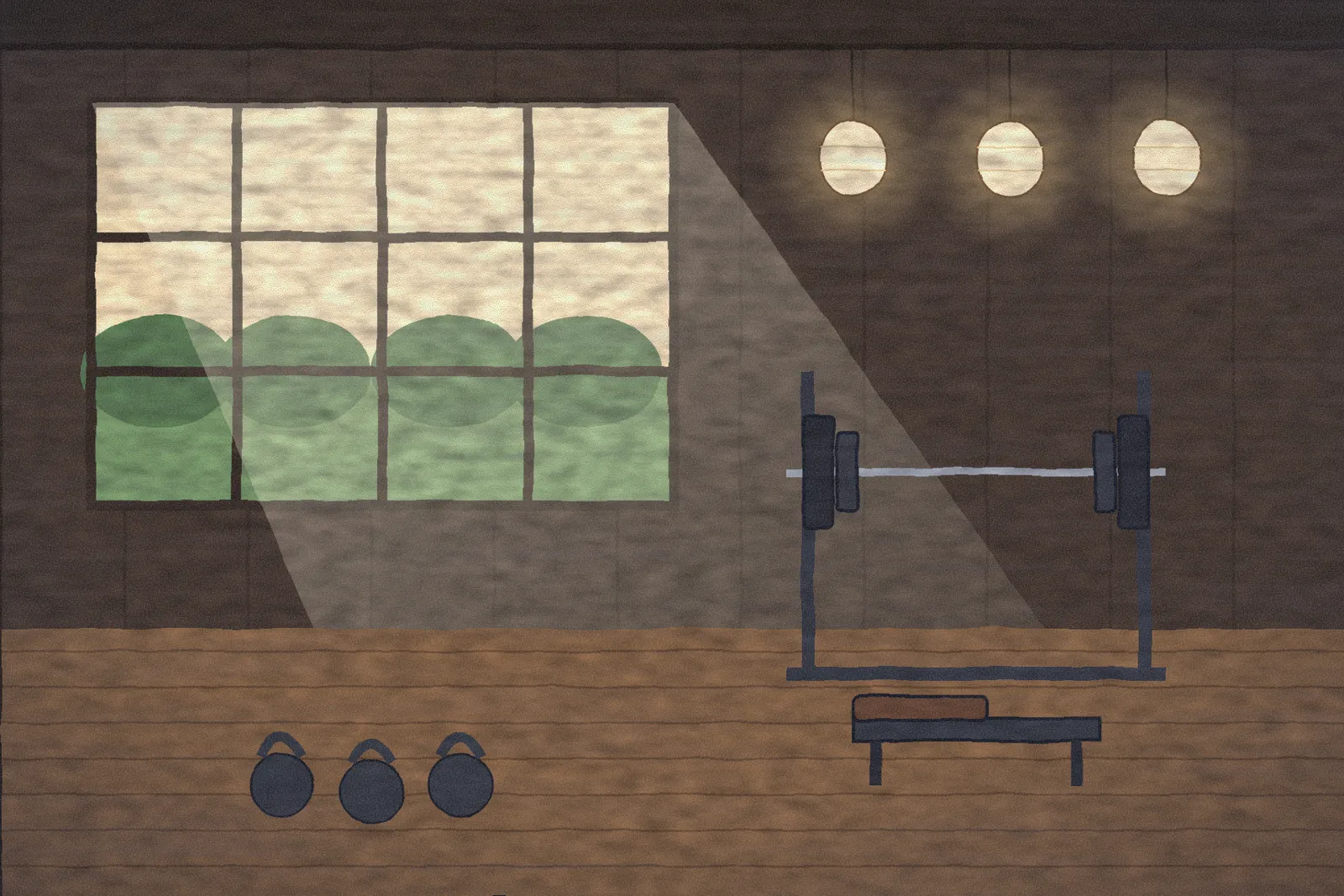 A wooden gym in morning light with a barbell rack and kettlebells.