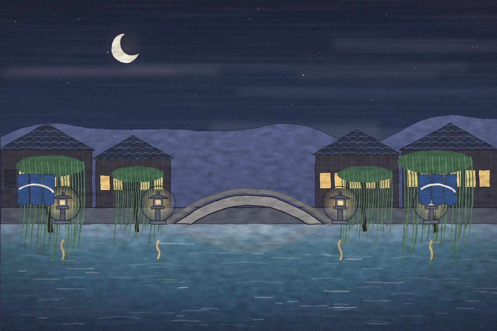 A willow-lined canal in Kinosaki with a stone bridge and lanterns at night.
