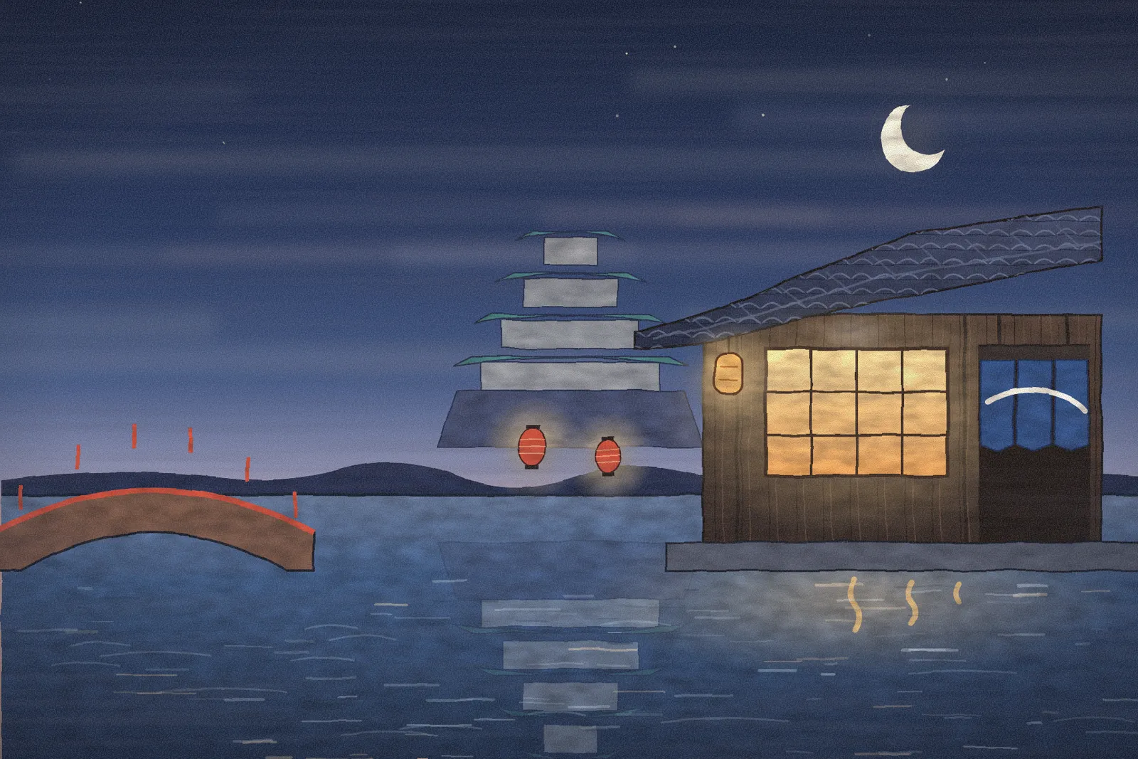 A lit bathhouse on an Osaka canal, Osaka Castle reflected in the water.