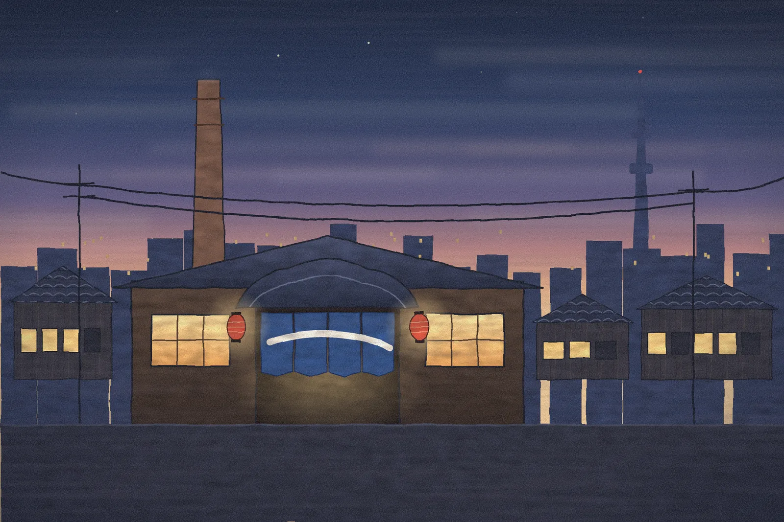 A Tokyo sento with a tall chimney and indigo noren at dusk, Skytree on the horizon.