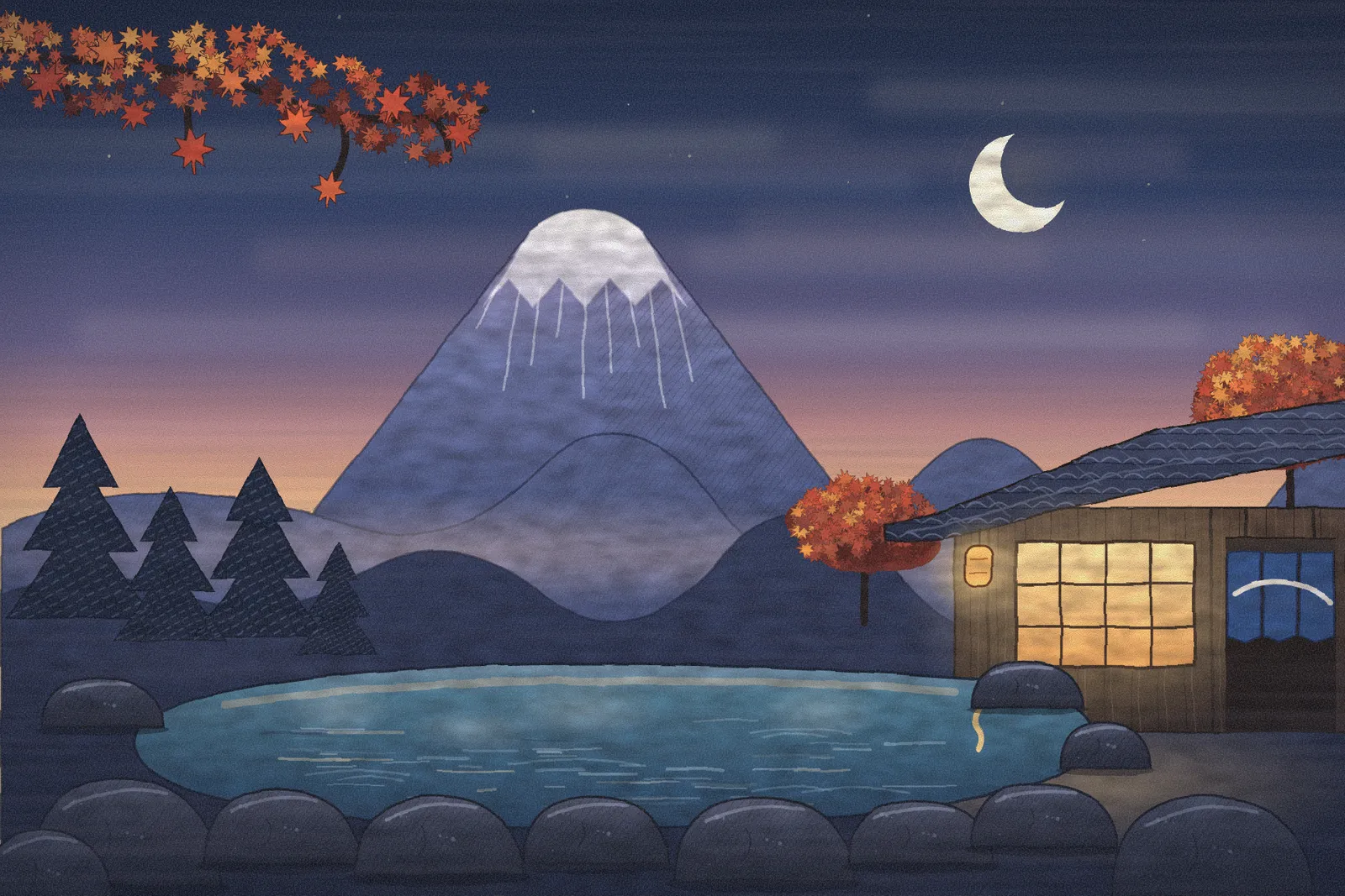 Woodblock-style illustration of an open-air hot spring at dusk in autumn, with steam over the water, a lit bathhouse and a snow-capped mountain.